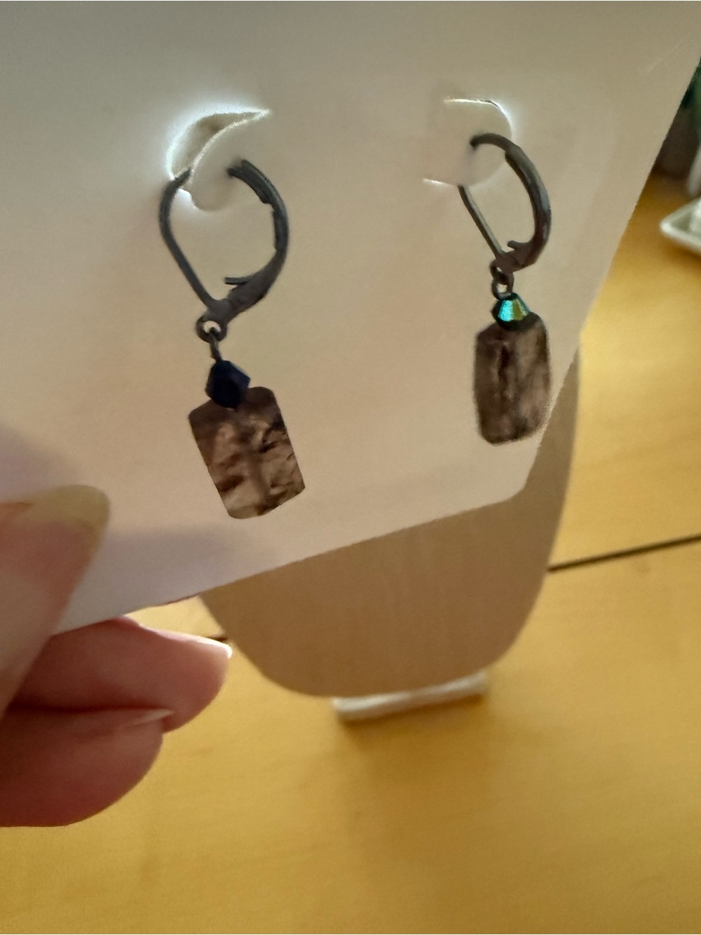 Brown Stone Drop Earrings with Black Accent